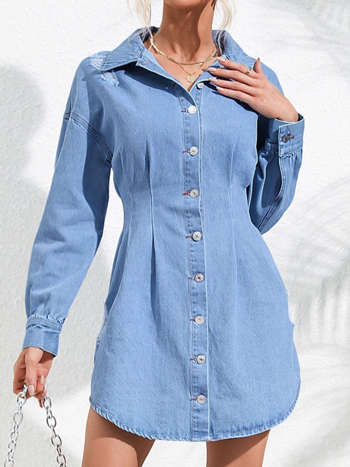Distressed Button Up Long Sleeve Denim Dress - Loulou Boutique
