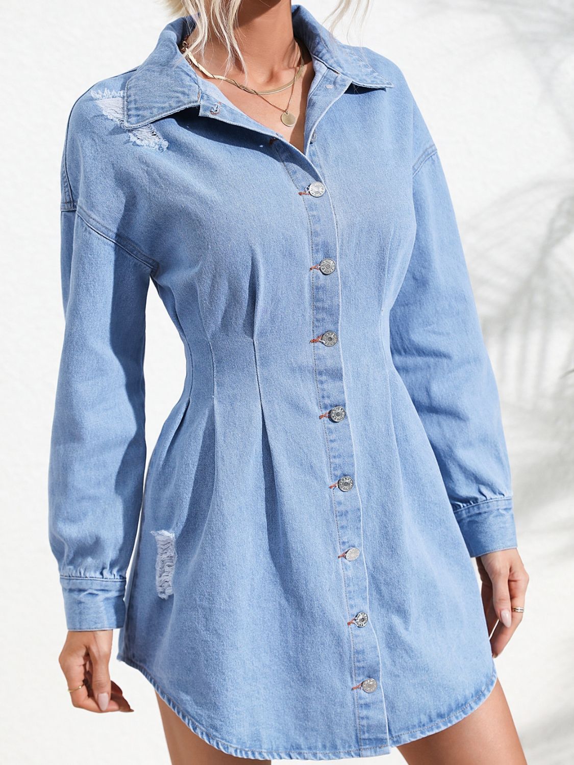 Distressed Button Up Long Sleeve Denim Dress - Loulou Boutique