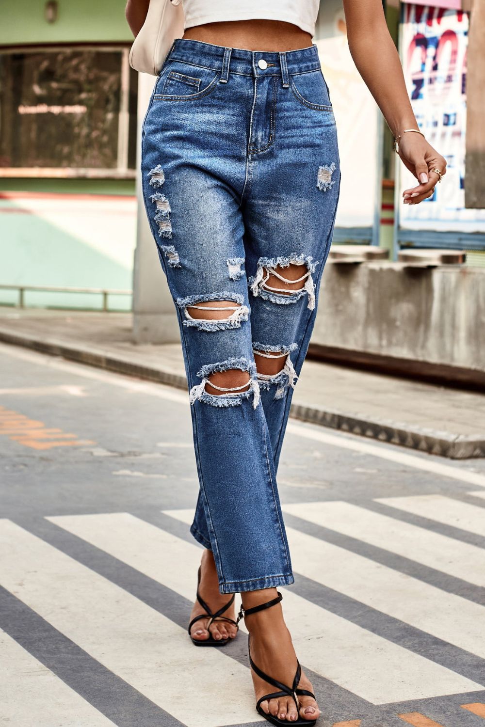 Distressed Buttoned Jeans with Pockets - Loulou Boutique
