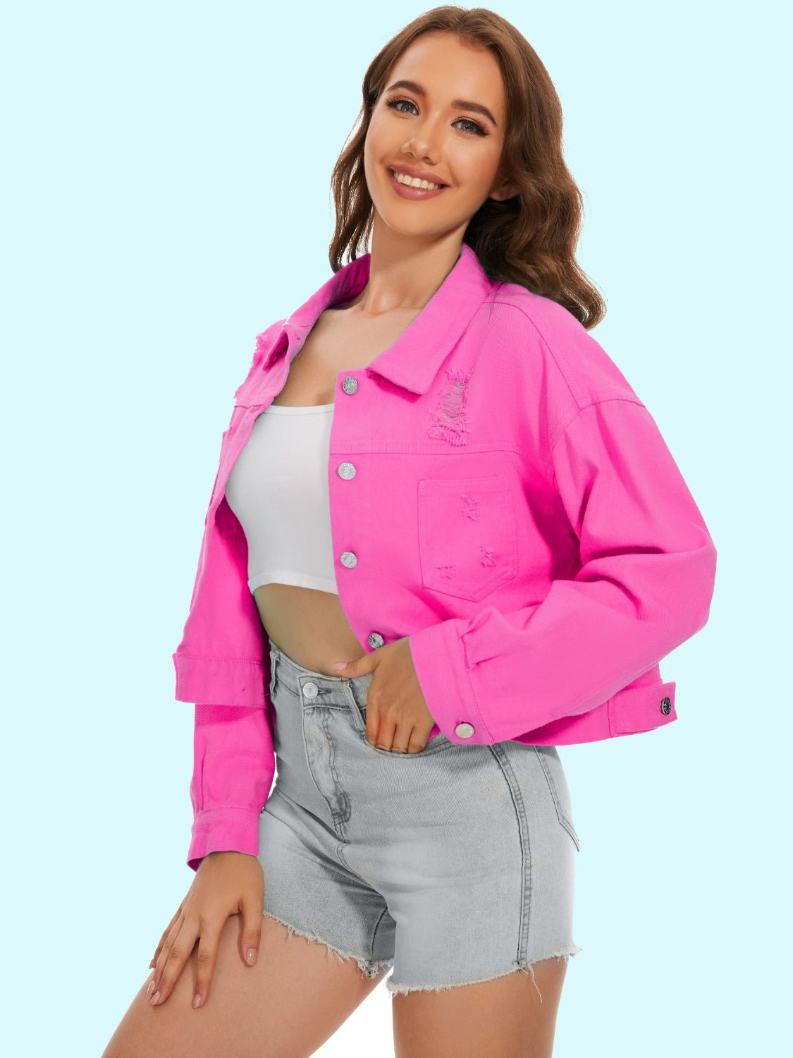 Distressed Distressed Button Up Denim Jacket - Loulou Boutique