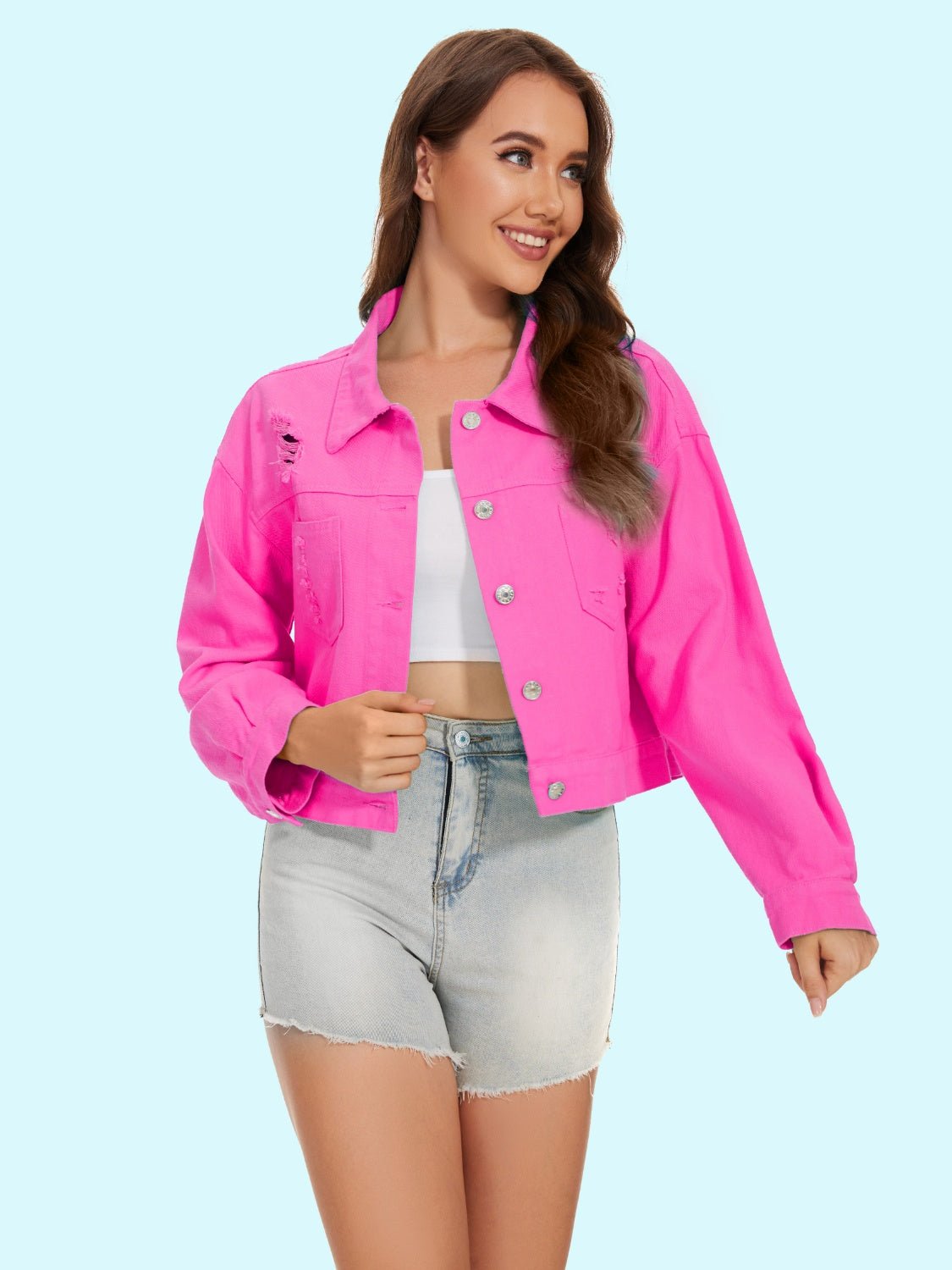 Distressed Distressed Button Up Denim Jacket - Loulou Boutique