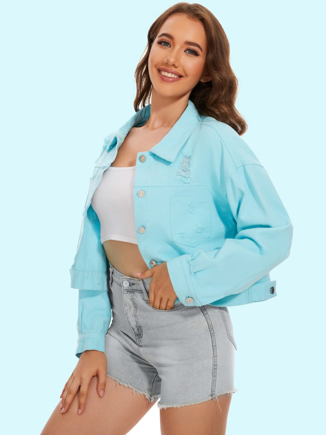 Distressed Distressed Button Up Denim Jacket - Loulou Boutique
