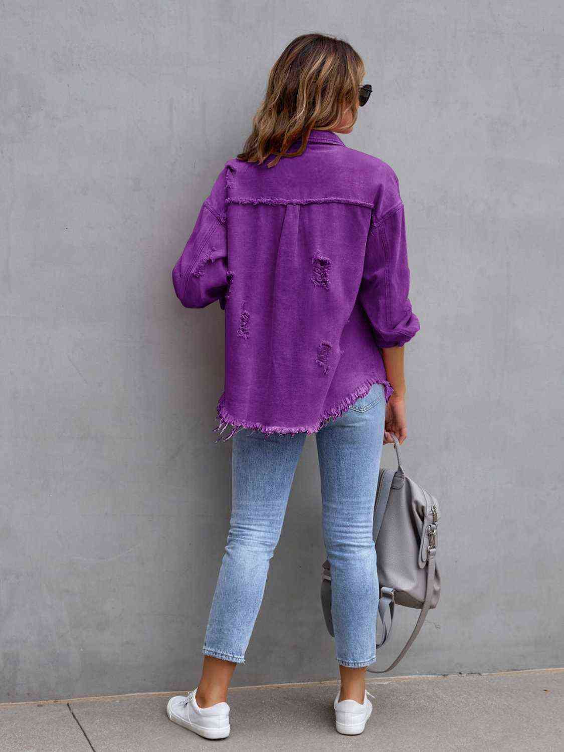 Distressed Drop Shoulder Denim Jacket - Loulou Boutique