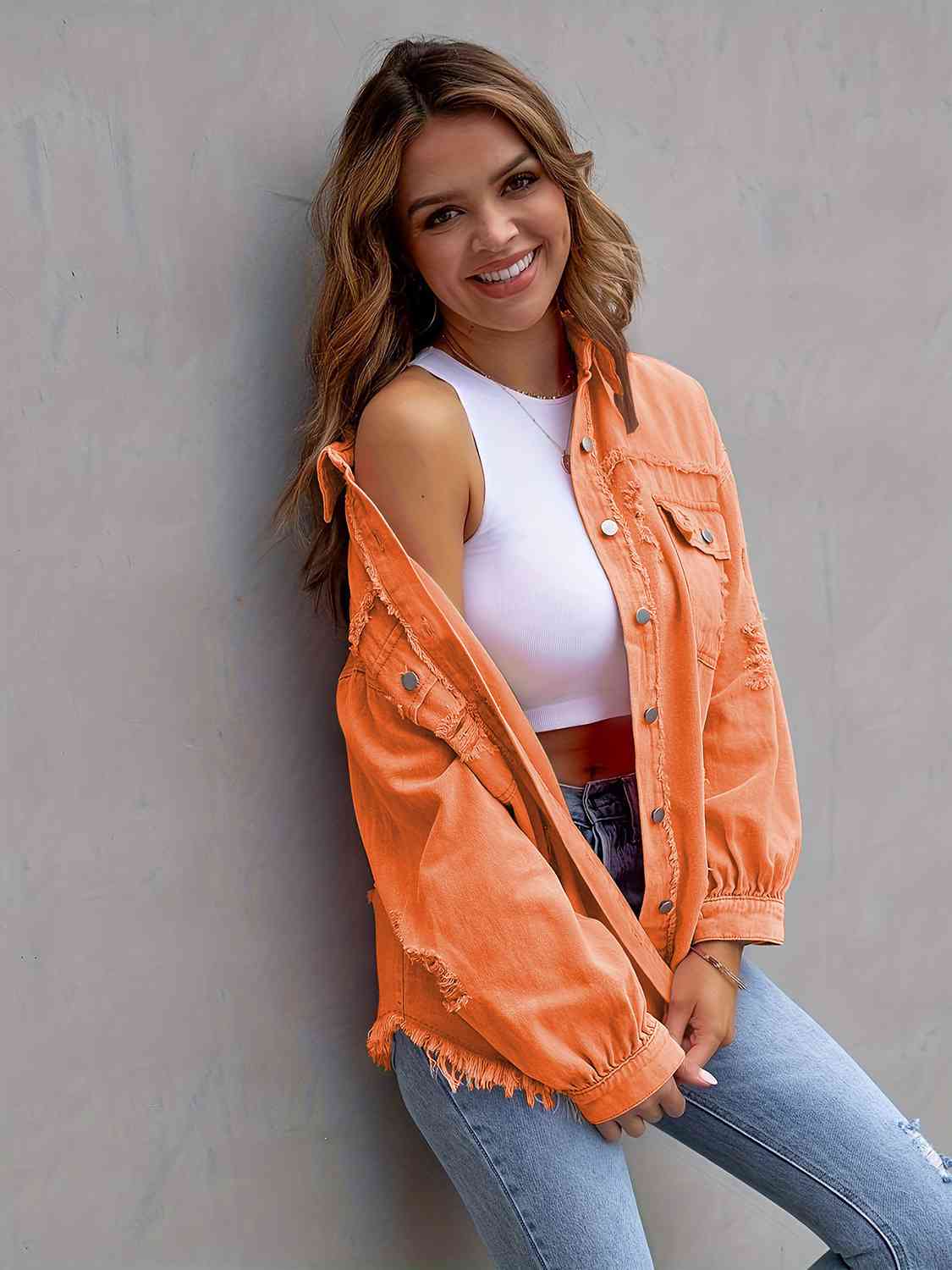 Distressed Drop Shoulder Denim Jacket - Loulou Boutique