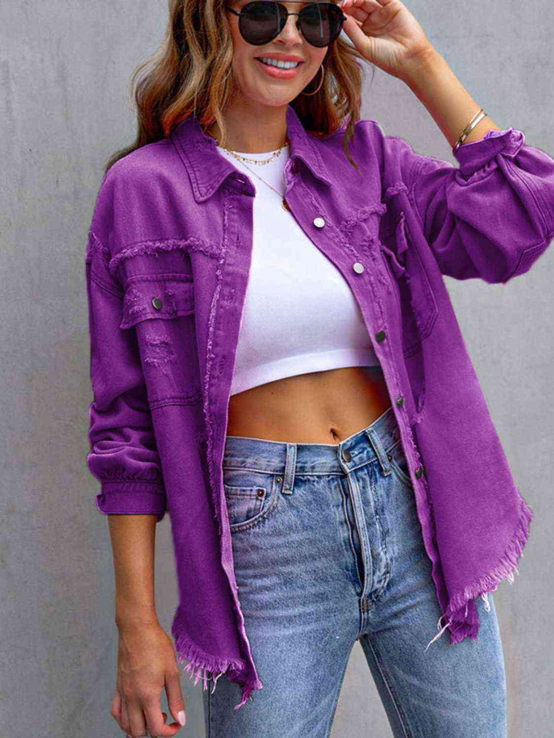 Distressed Drop Shoulder Denim Jacket - Loulou Boutique