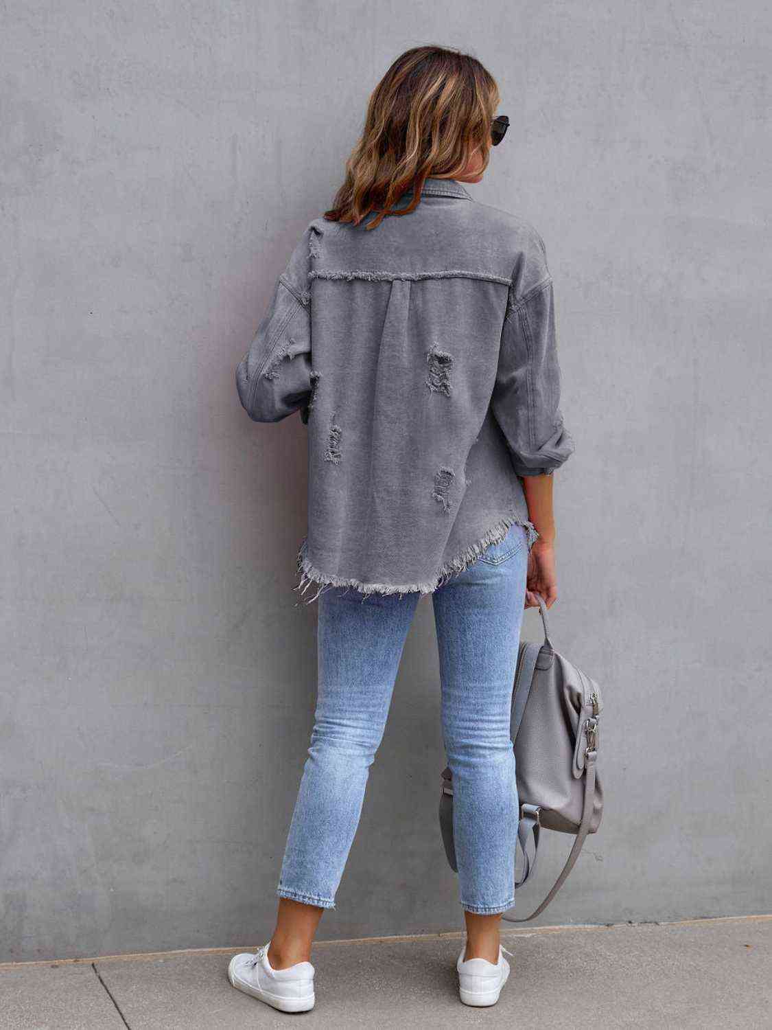 Distressed Drop Shoulder Denim Jacket - Loulou Boutique