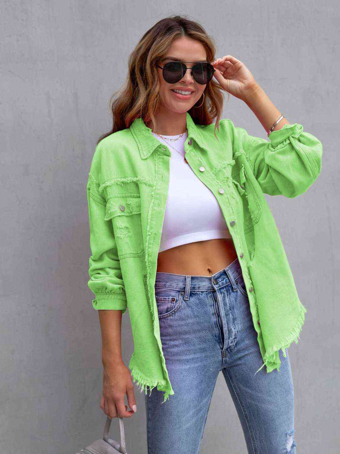 Distressed Drop Shoulder Denim Jacket - Loulou Boutique