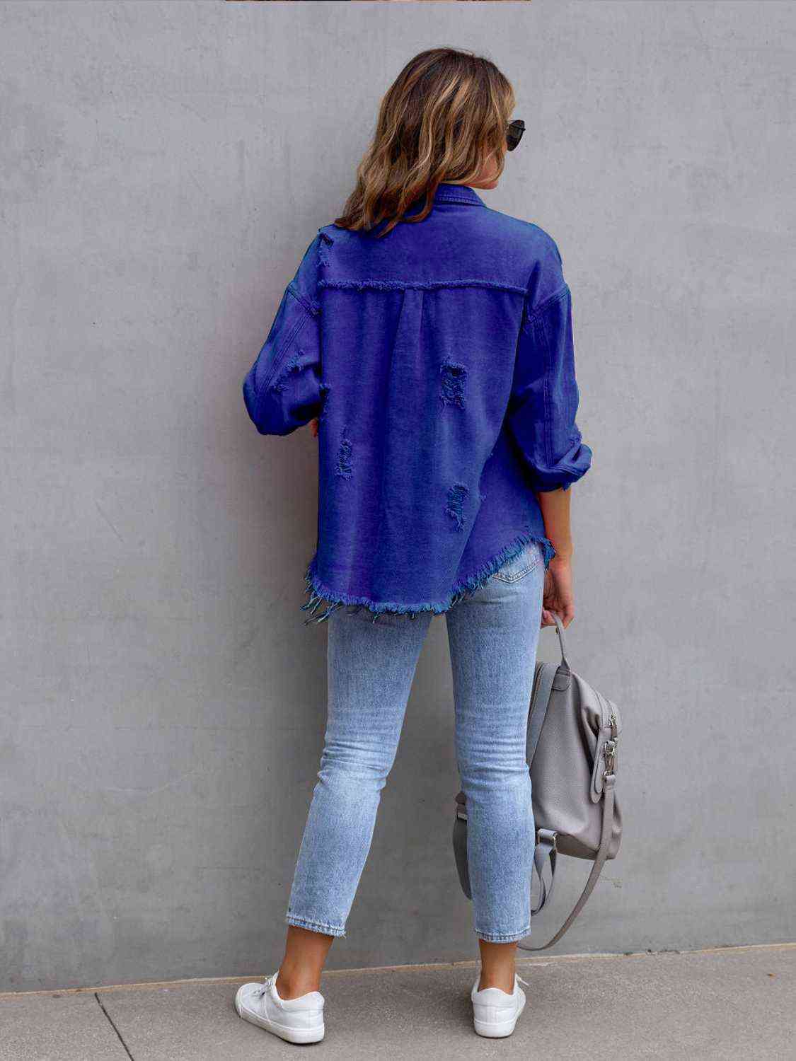 Distressed Drop Shoulder Denim Jacket - Loulou Boutique