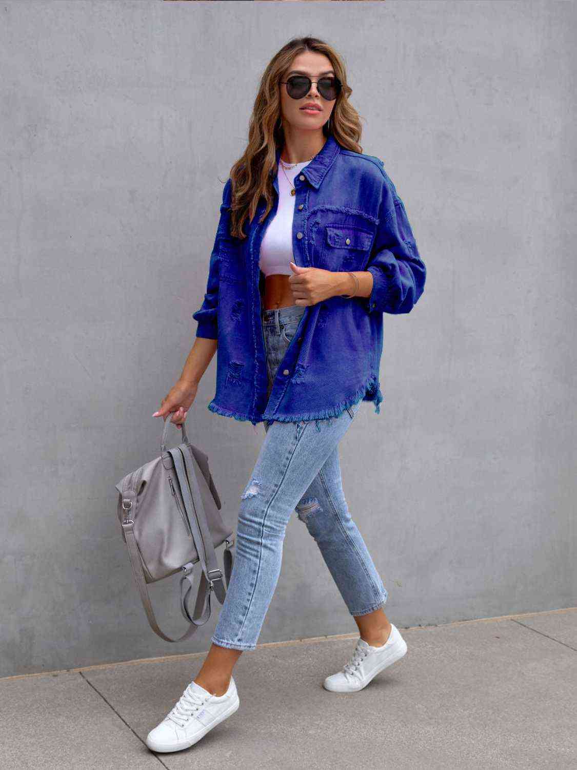 Distressed Drop Shoulder Denim Jacket - Loulou Boutique