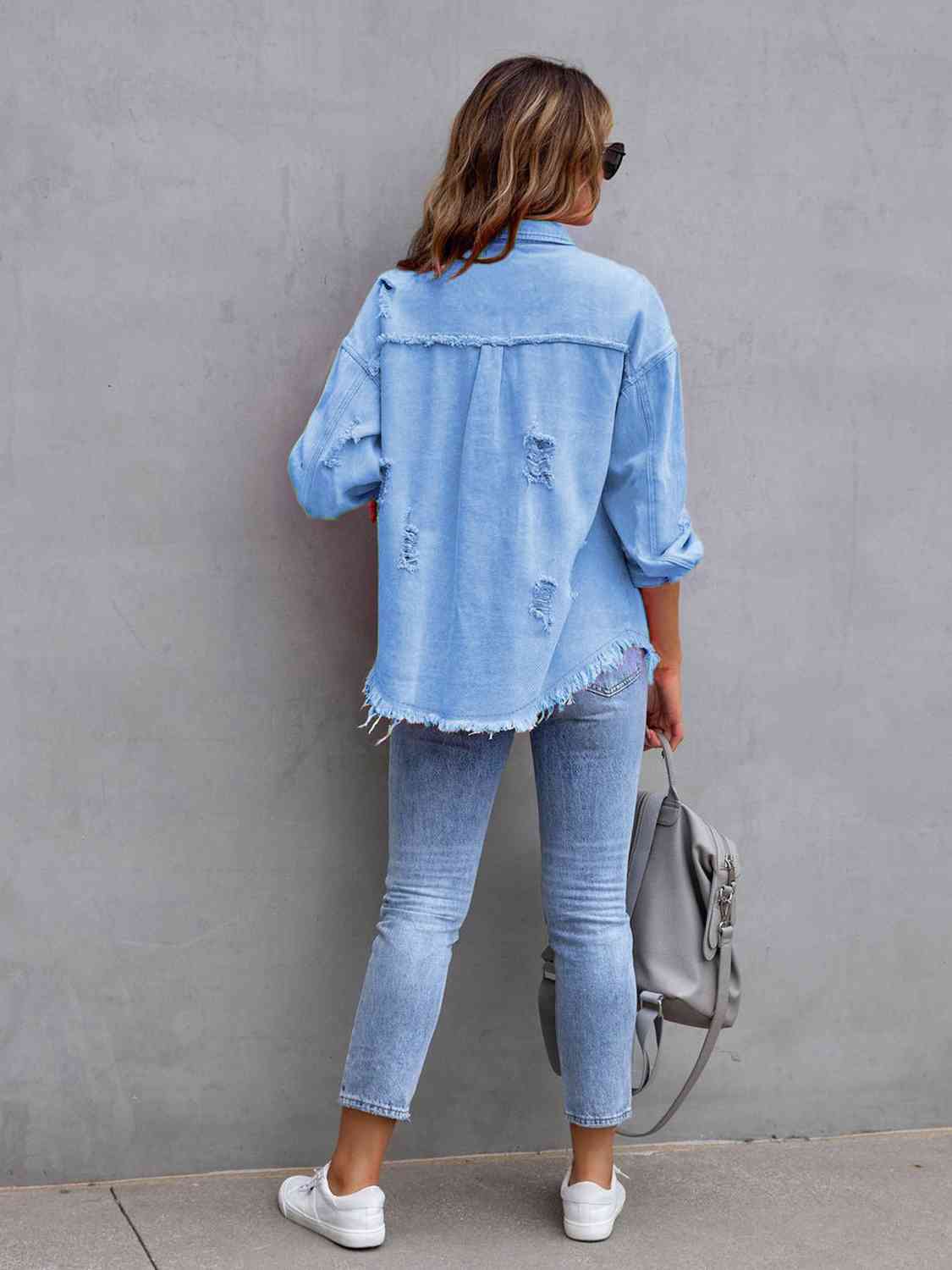 Distressed Drop Shoulder Denim Jacket - Loulou Boutique