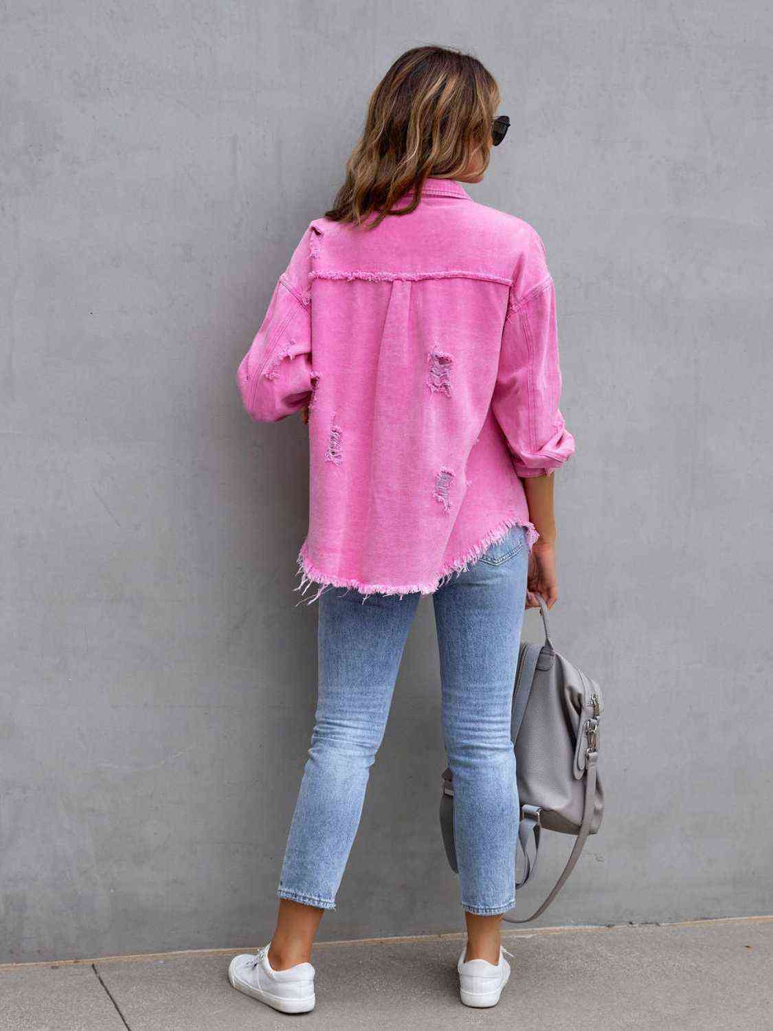Distressed Drop Shoulder Denim Jacket - Loulou Boutique