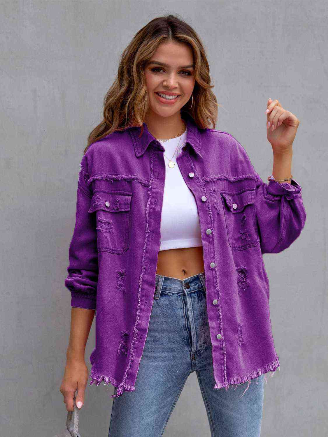 Distressed Drop Shoulder Denim Jacket - Loulou Boutique