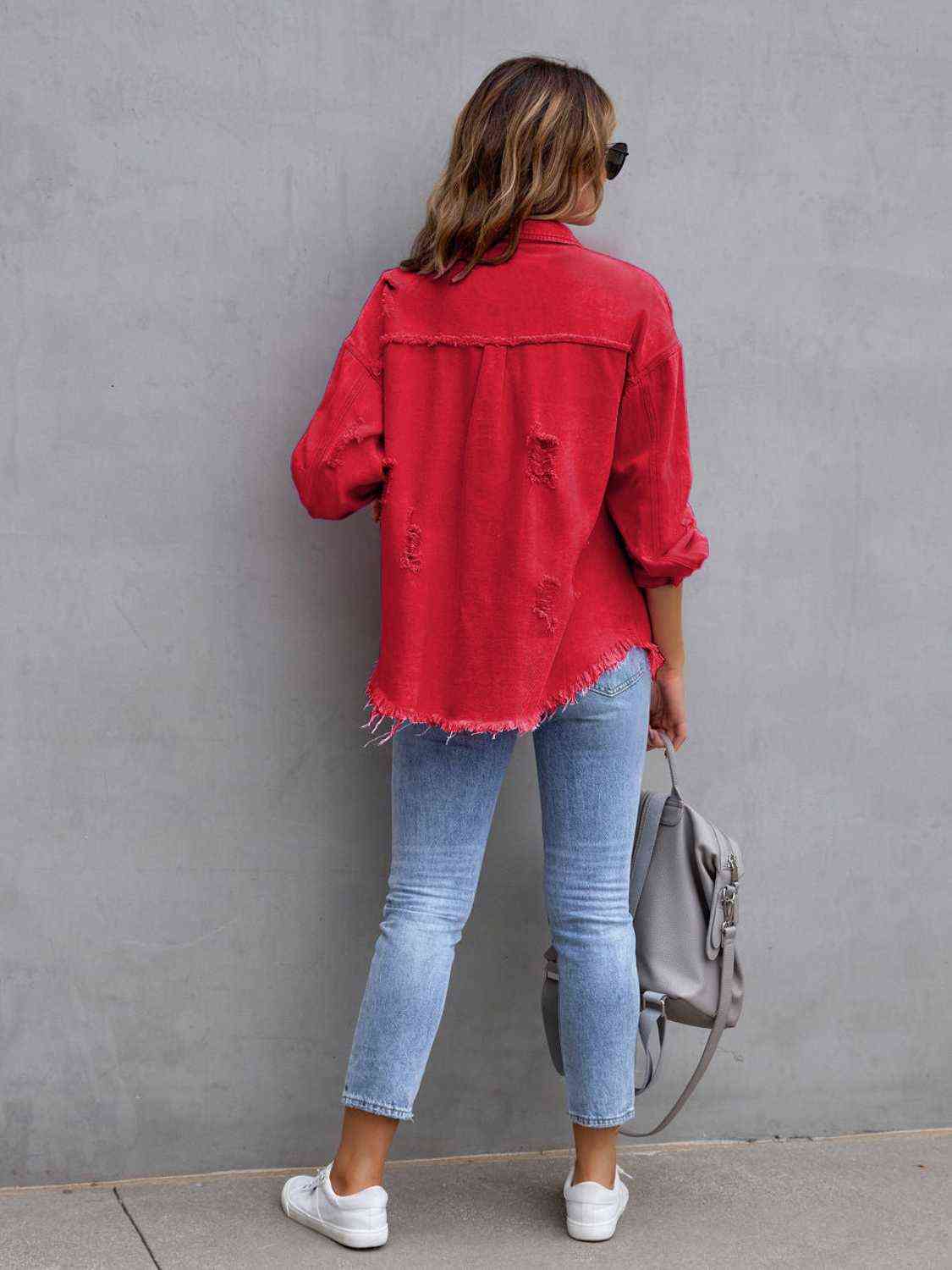 Distressed Drop Shoulder Denim Jacket - Loulou Boutique