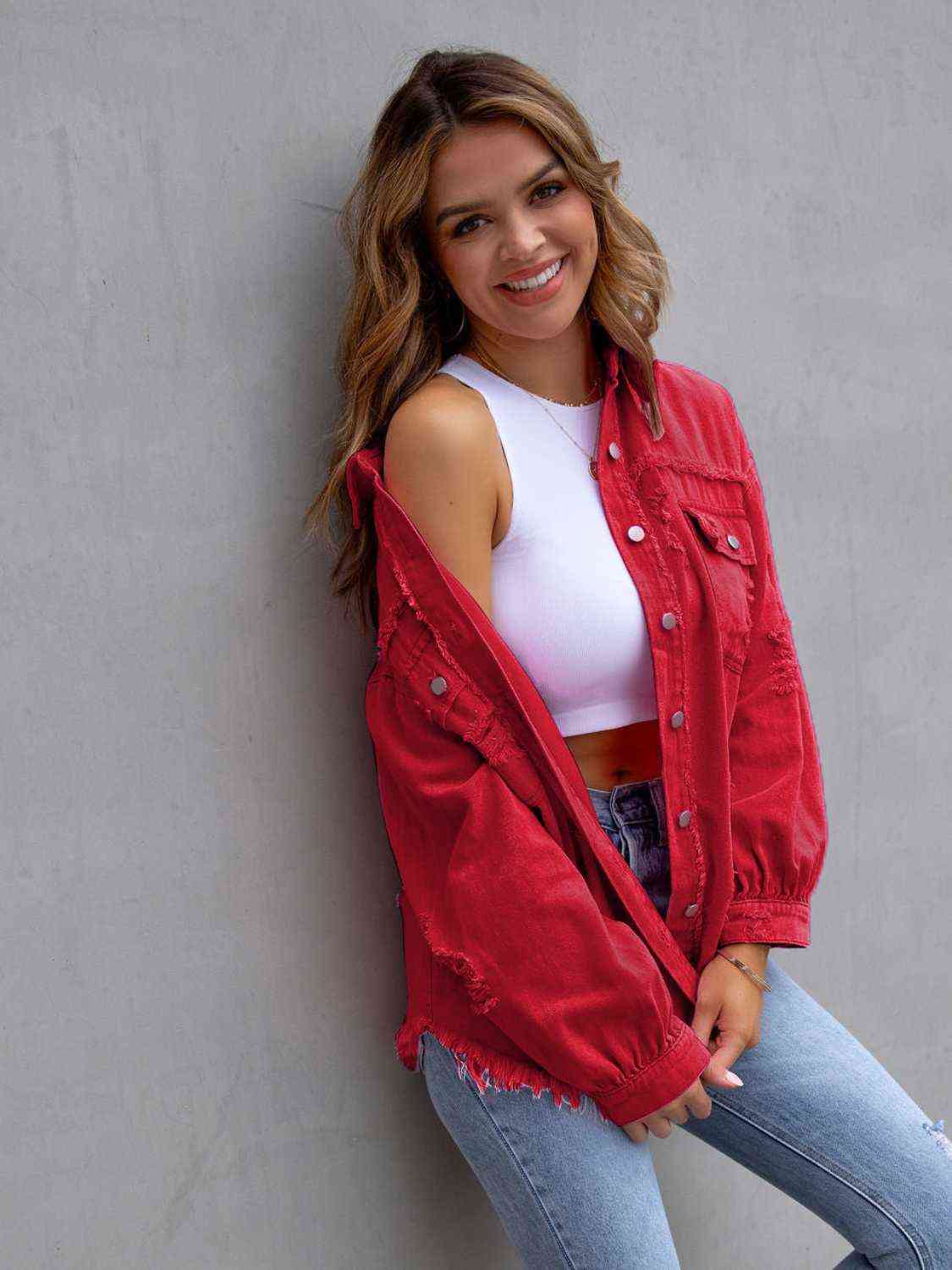 Distressed Drop Shoulder Denim Jacket - Loulou Boutique