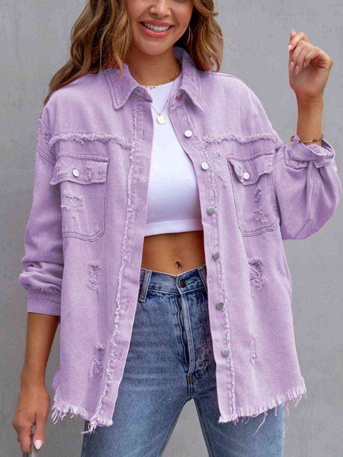 Distressed Drop Shoulder Denim Jacket - Loulou Boutique
