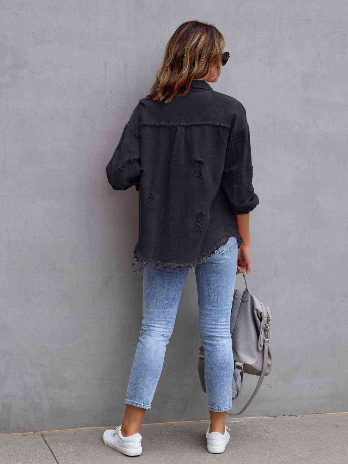 Distressed Drop Shoulder Denim Jacket - Loulou Boutique