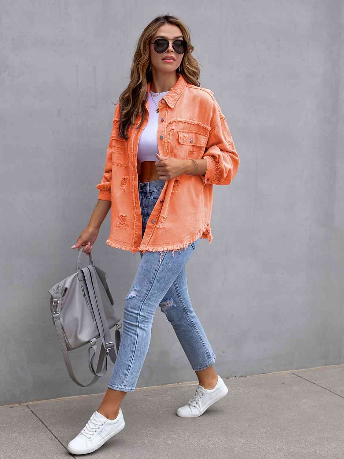 Distressed Drop Shoulder Denim Jacket - Loulou Boutique