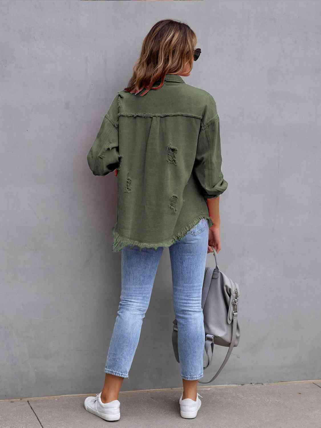 Distressed Drop Shoulder Denim Jacket - Loulou Boutique