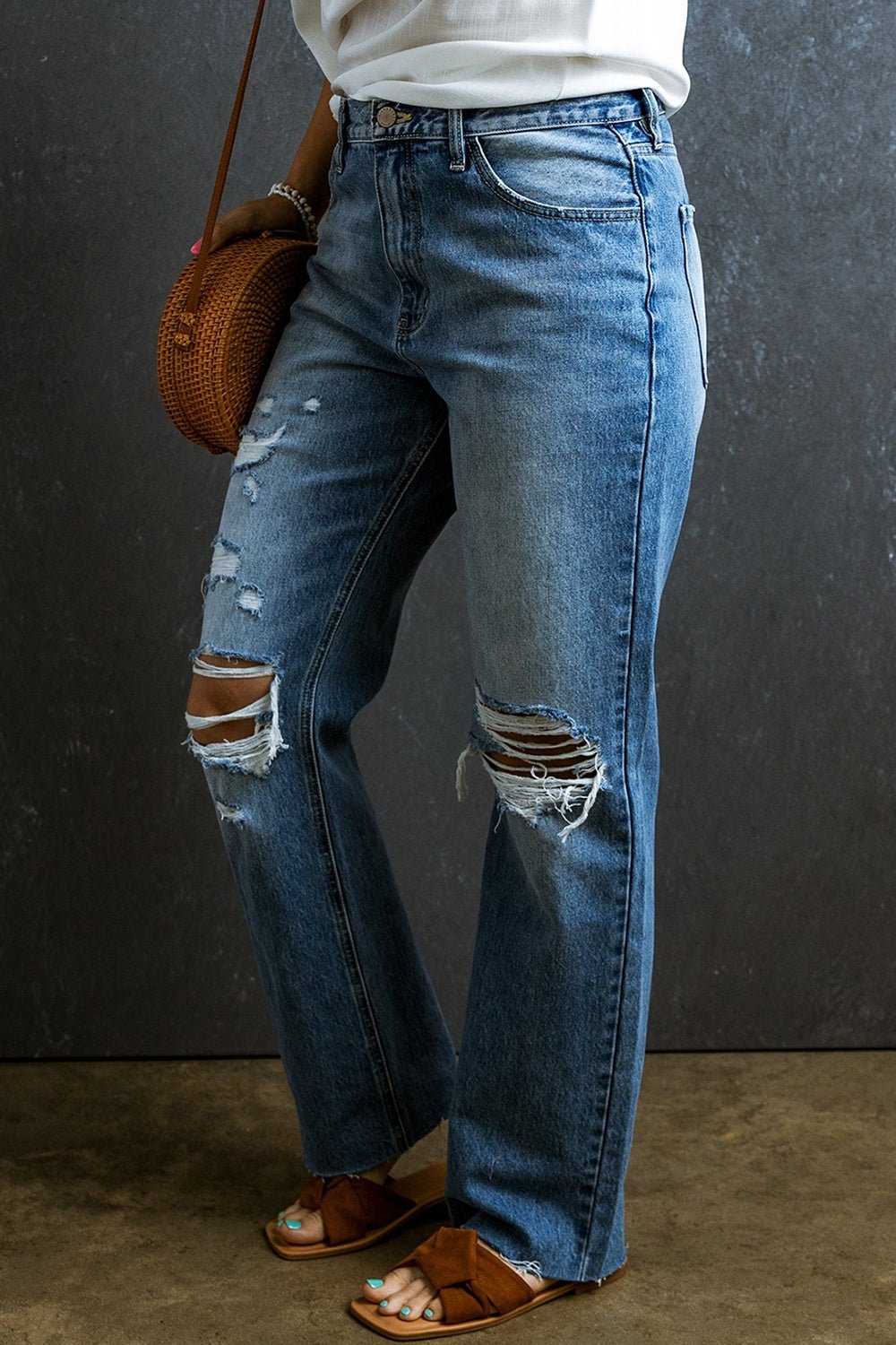 Distressed Raw Hem Jeans with Pockets - Loulou Boutique