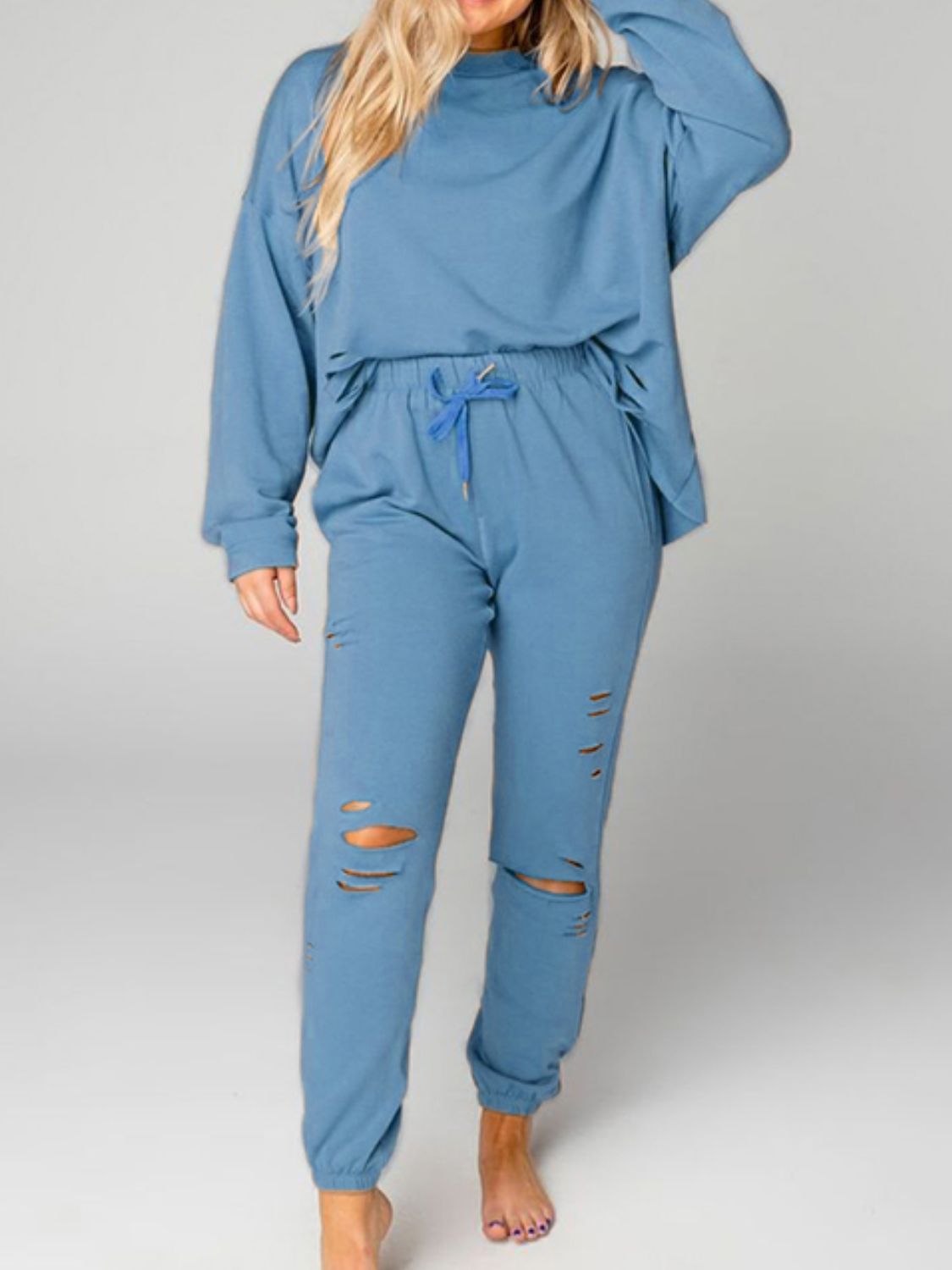 Distressed Sweatshirt and Joggers Set - Loulou Boutique