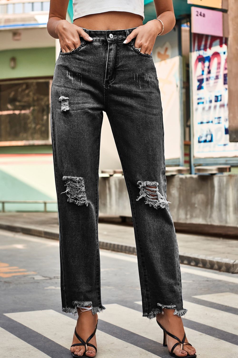 Distresssed Buttoned Loose Fit Jeans - Loulou Boutique