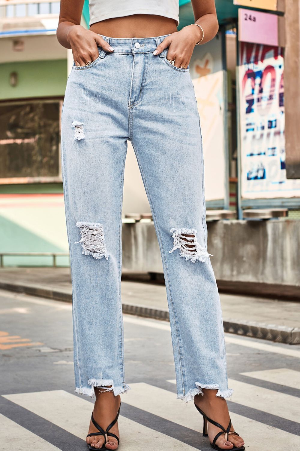 Distresssed Buttoned Loose Fit Jeans - Loulou Boutique