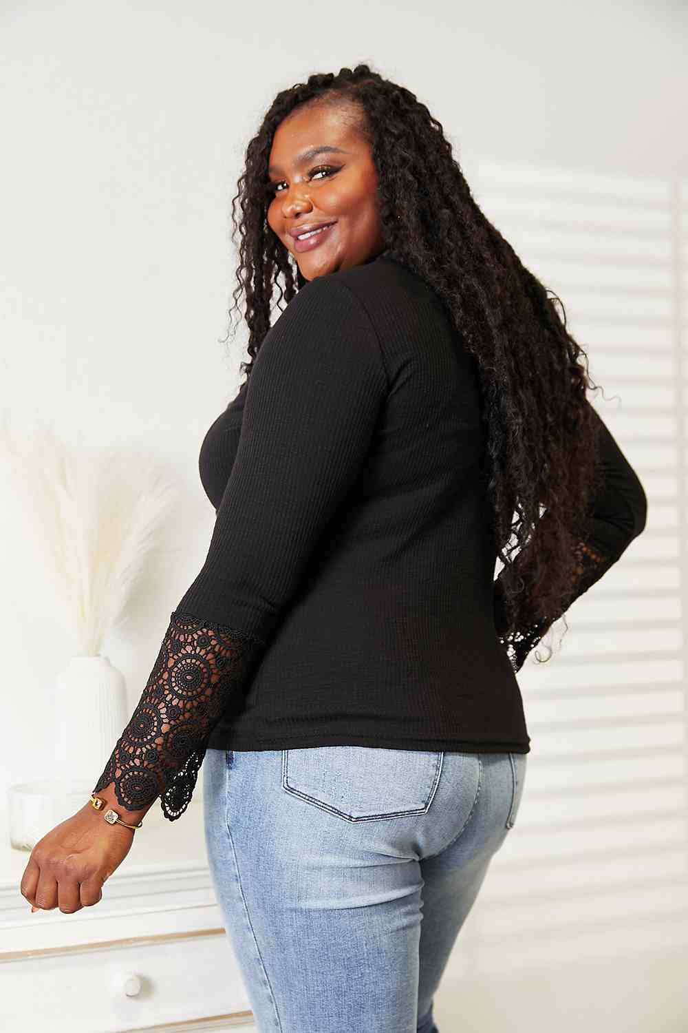 Double Take Crochet Lace Hem Sleeve Button Top - Loulou Boutique