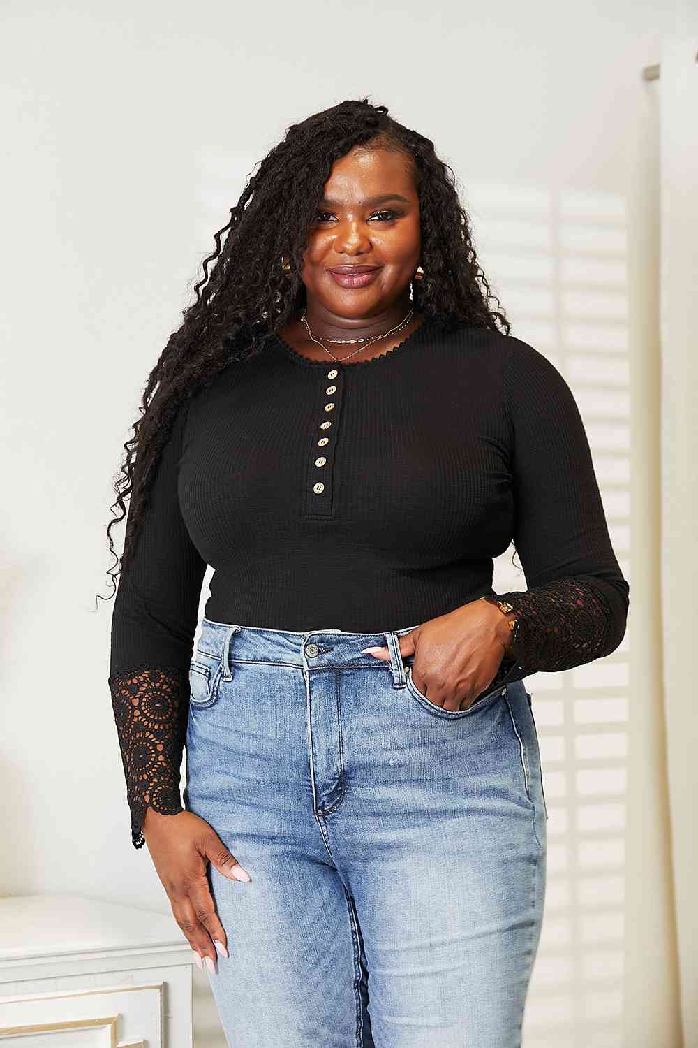 Double Take Crochet Lace Hem Sleeve Button Top - Loulou Boutique