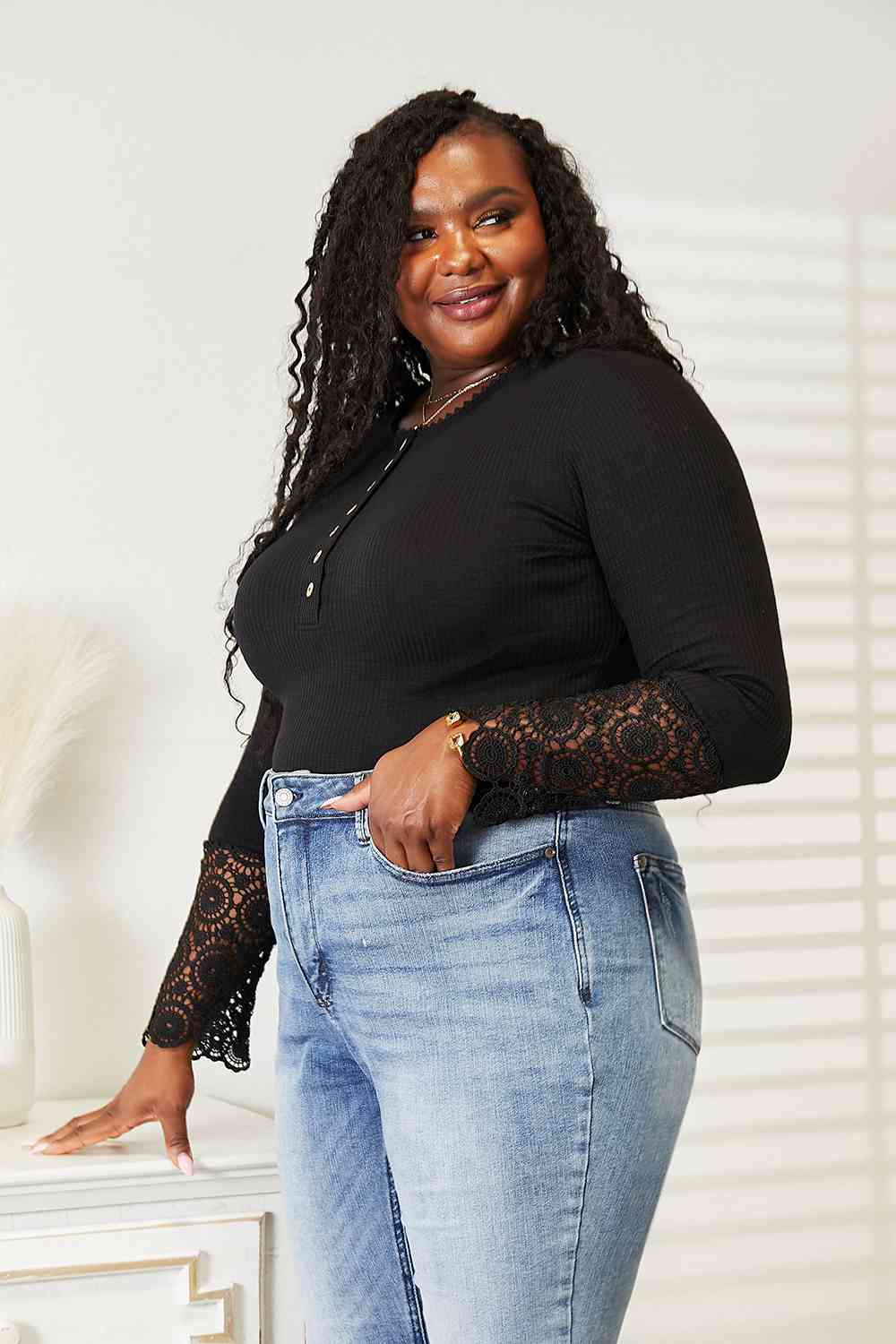 Double Take Crochet Lace Hem Sleeve Button Top - Loulou Boutique