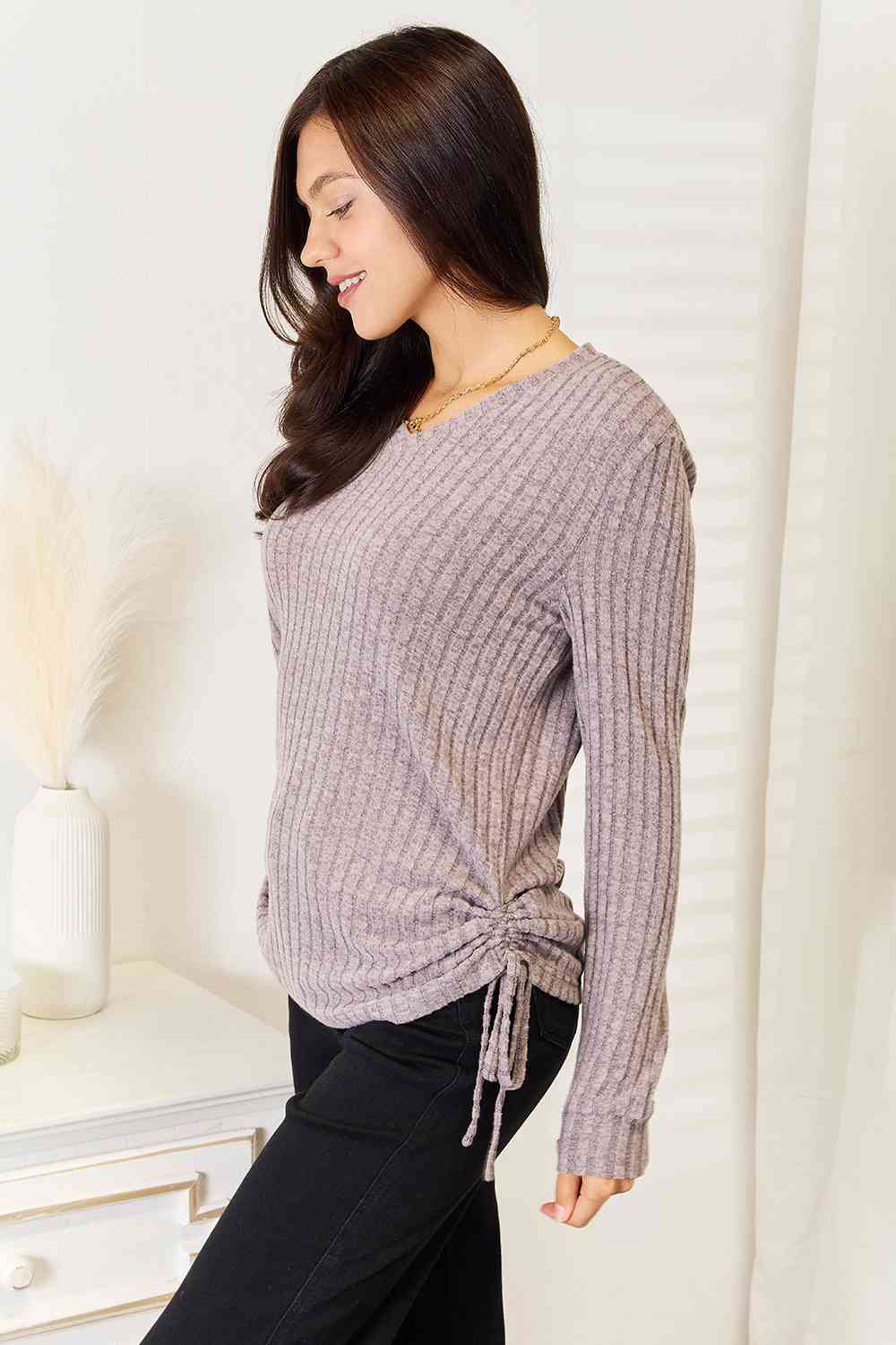 Double Take Drawstring Ribbed Long Sleeve T - Shirt - Loulou Boutique