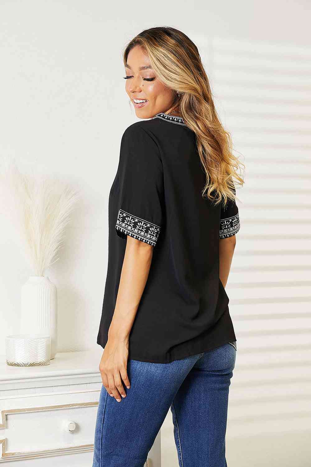 Double Take Embroidered Notched Neck Top - Loulou Boutique