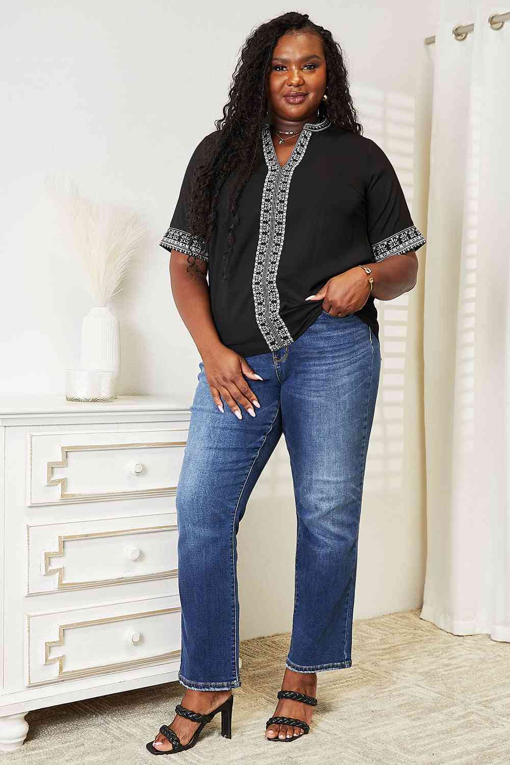 Double Take Embroidered Notched Neck Top - Loulou Boutique