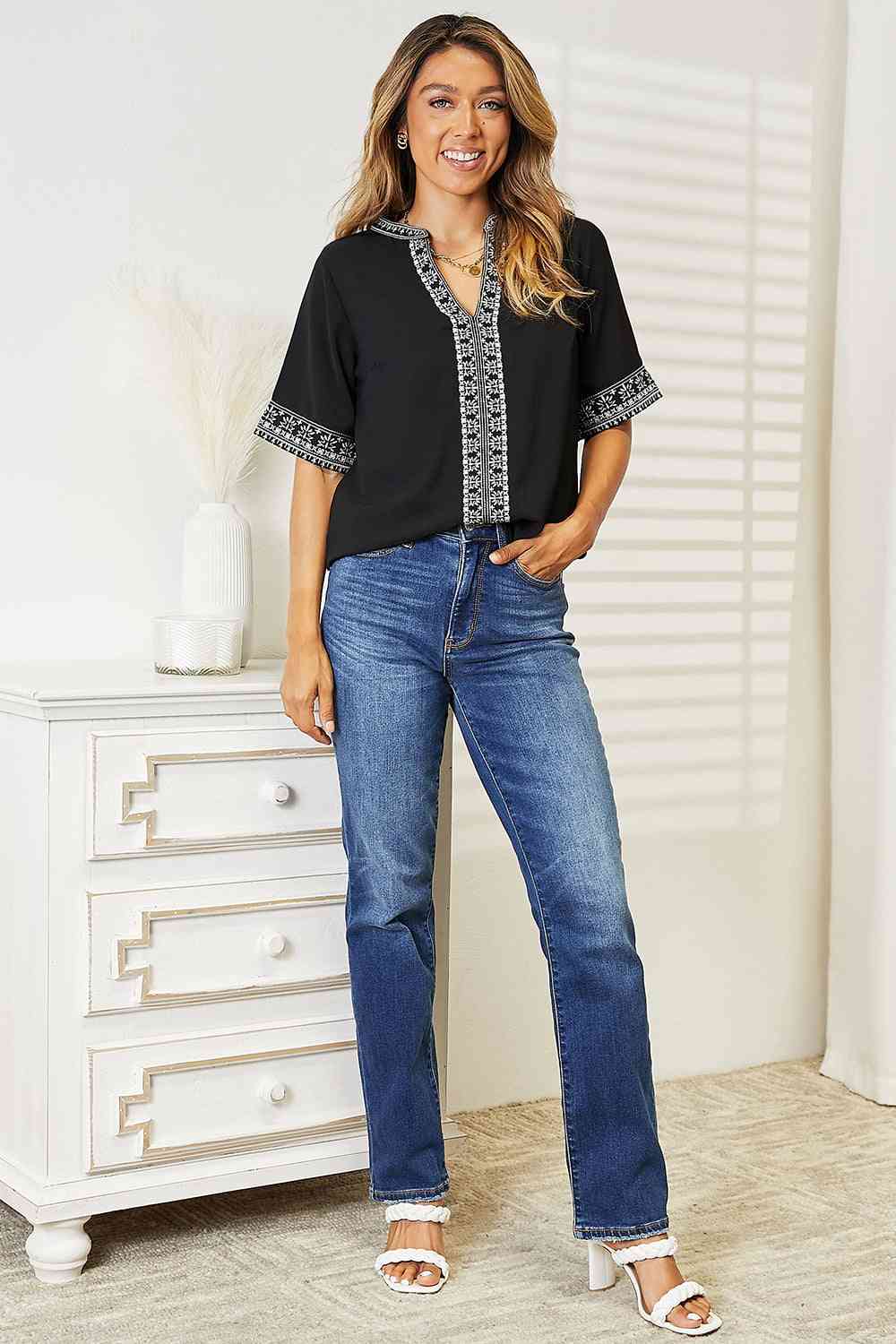 Double Take Embroidered Notched Neck Top - Loulou Boutique