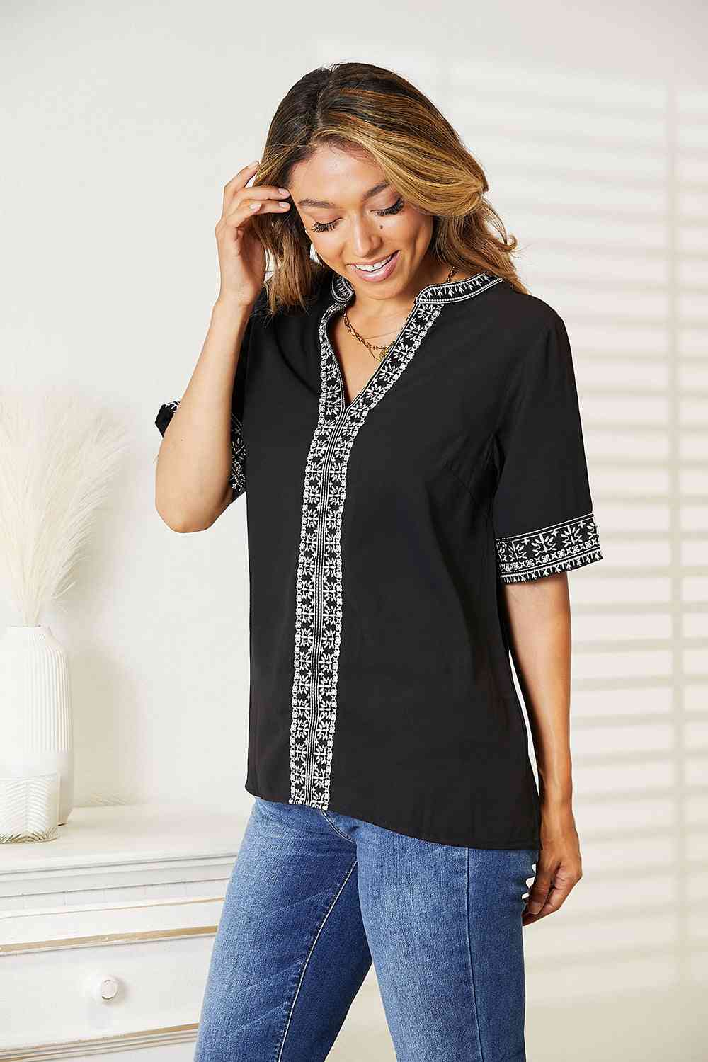 Double Take Embroidered Notched Neck Top - Loulou Boutique