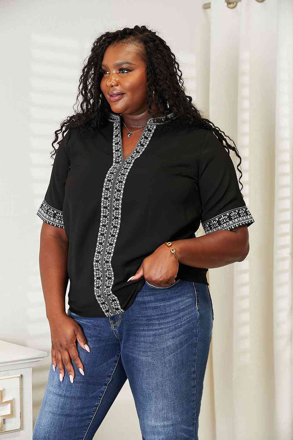Double Take Embroidered Notched Neck Top - Loulou Boutique
