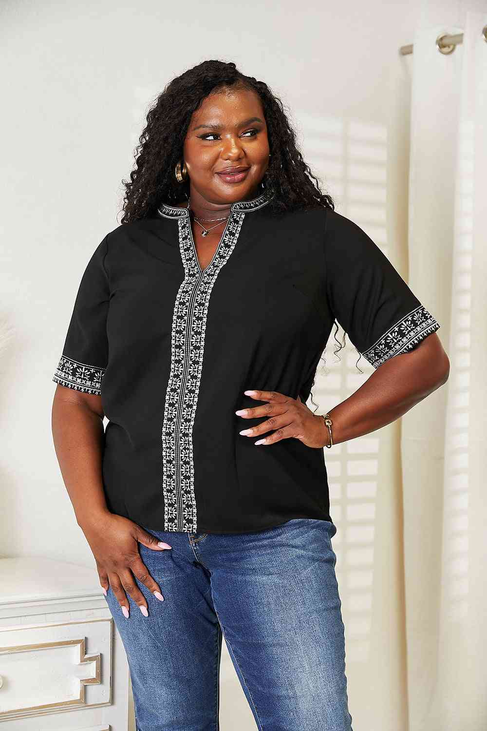 Double Take Embroidered Notched Neck Top - Loulou Boutique