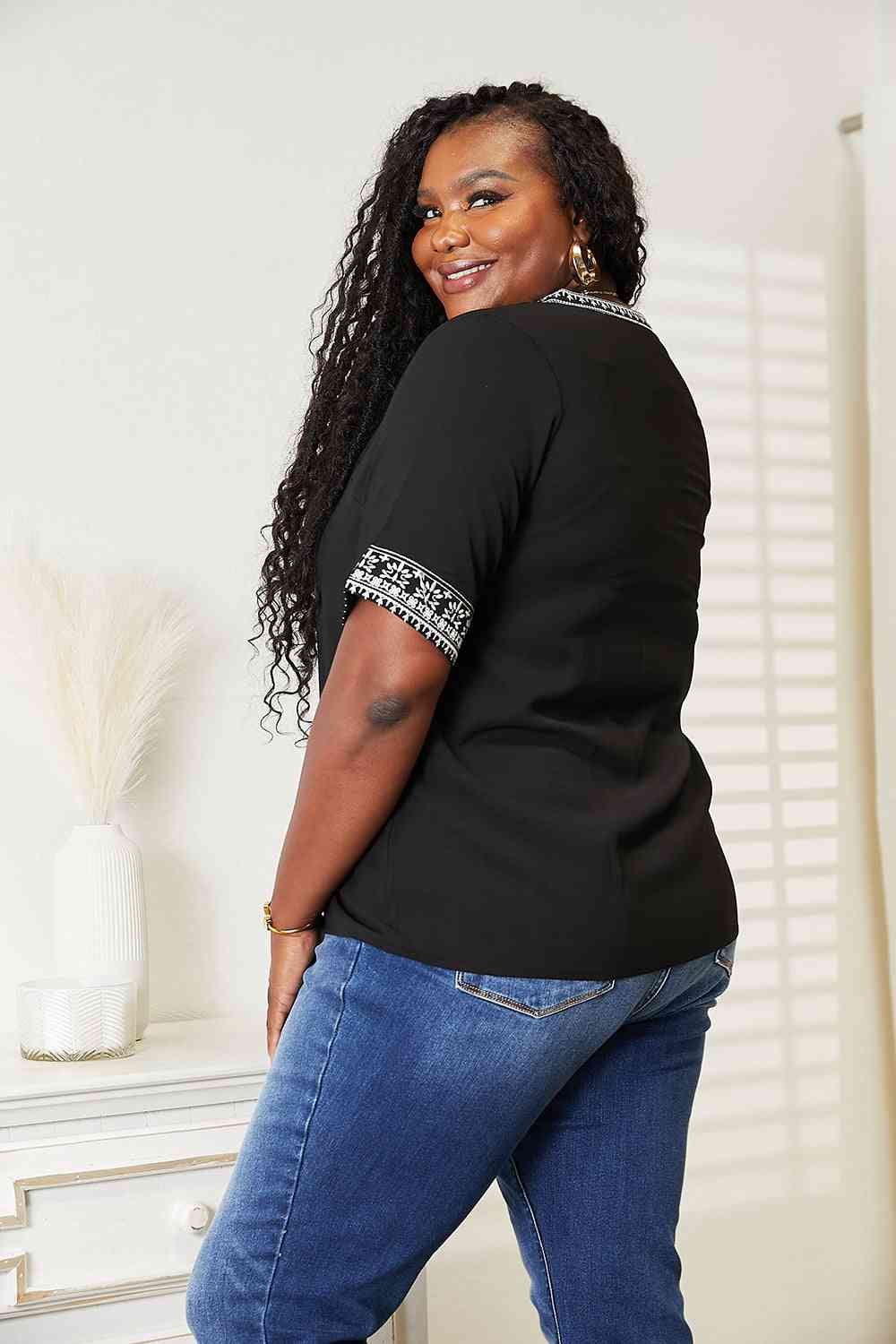 Double Take Embroidered Notched Neck Top - Loulou Boutique