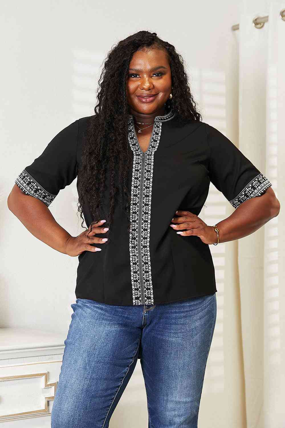 Double Take Embroidered Notched Neck Top - Loulou Boutique