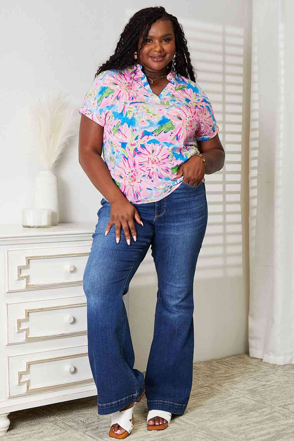 Double Take Floral Notched Neck Short Sleeve Top - Loulou Boutique