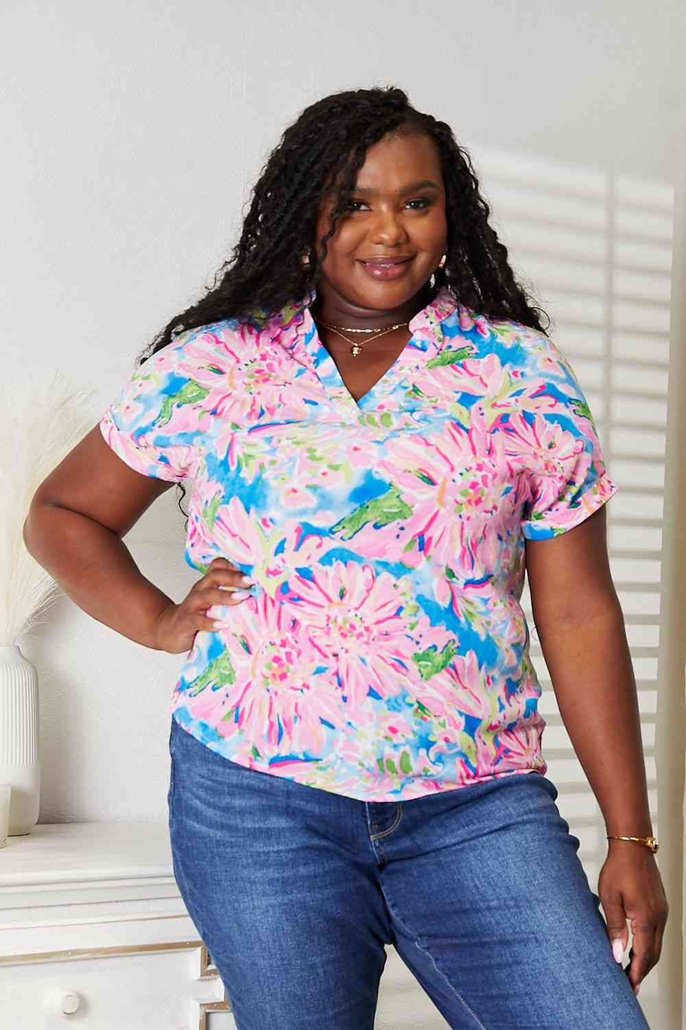 Double Take Floral Notched Neck Short Sleeve Top - Loulou Boutique