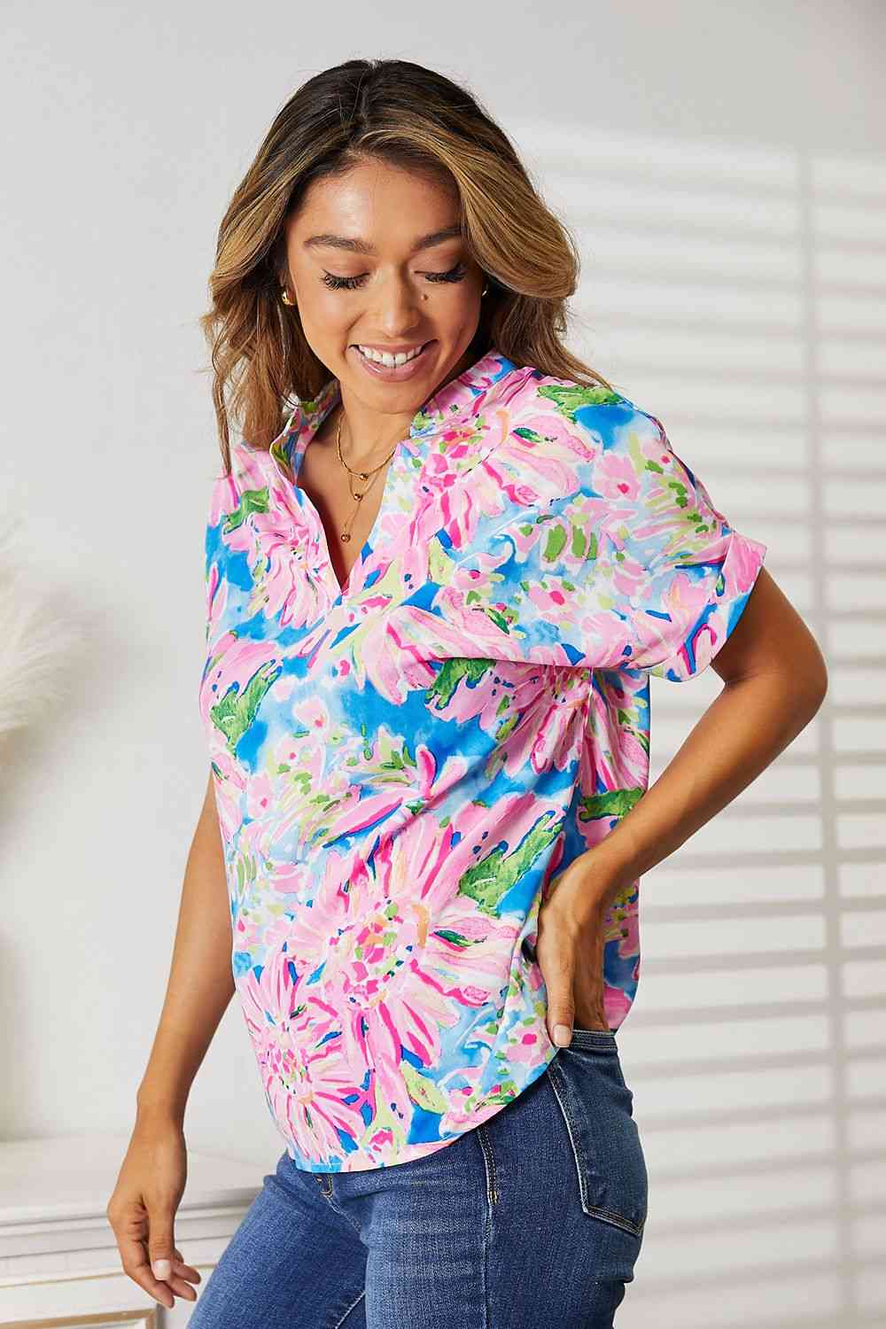 Double Take Floral Notched Neck Short Sleeve Top - Loulou Boutique