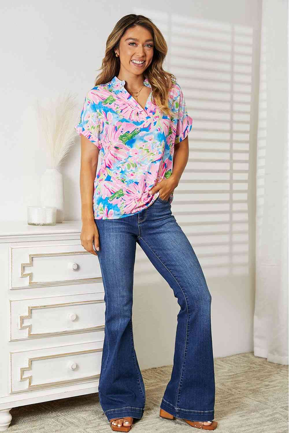 Double Take Floral Notched Neck Short Sleeve Top - Loulou Boutique