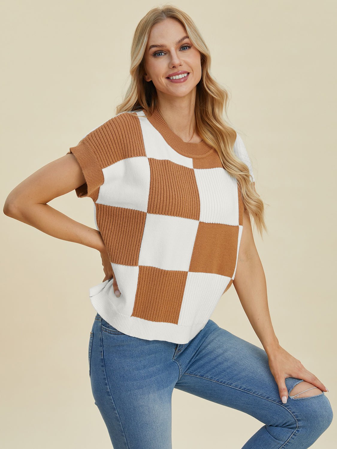 Double Take Full Size Checkered Round Neck Short Sleeve Sweater - Loulou Boutique