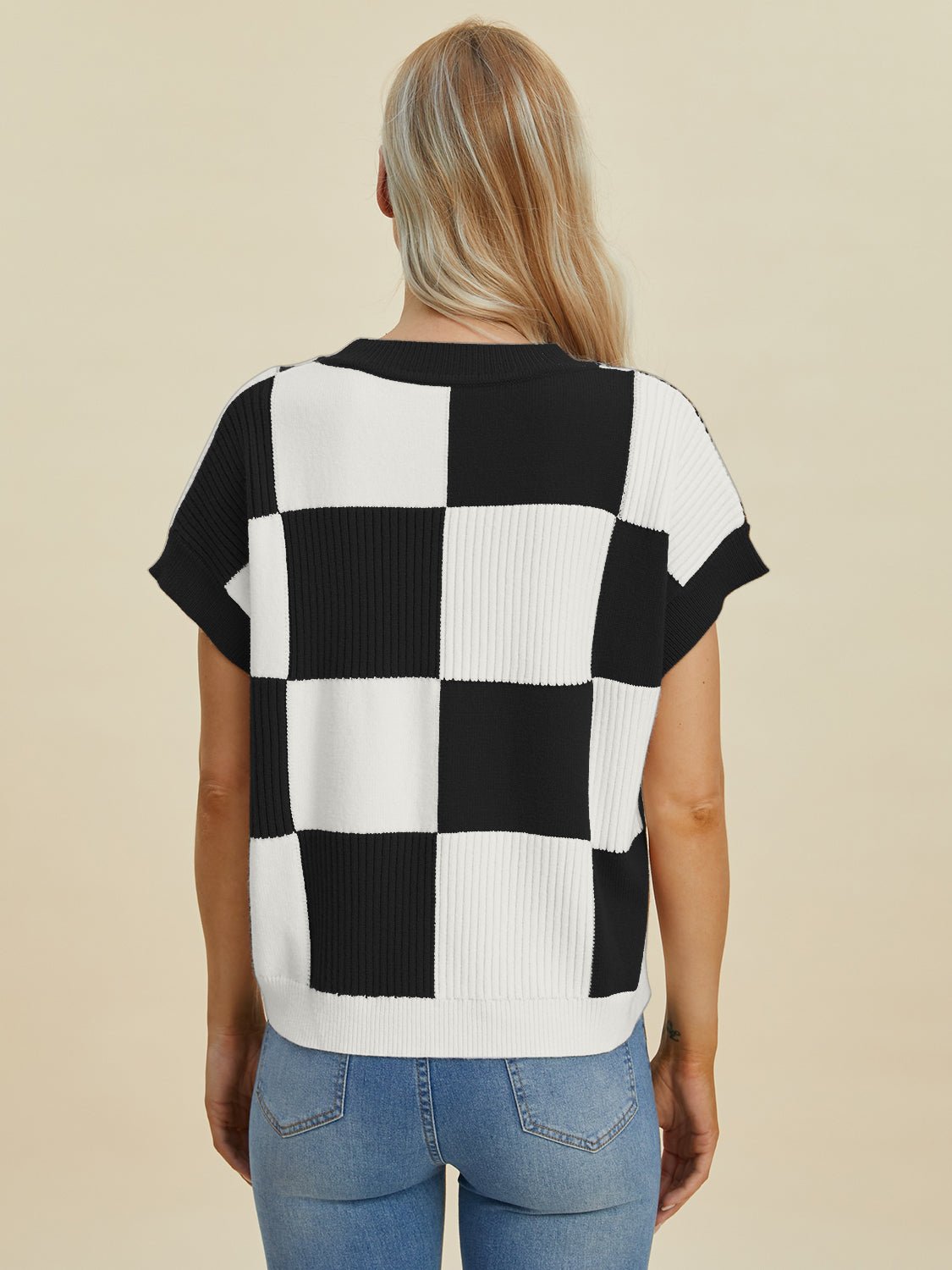 Double Take Full Size Checkered Round Neck Short Sleeve Sweater - Loulou Boutique