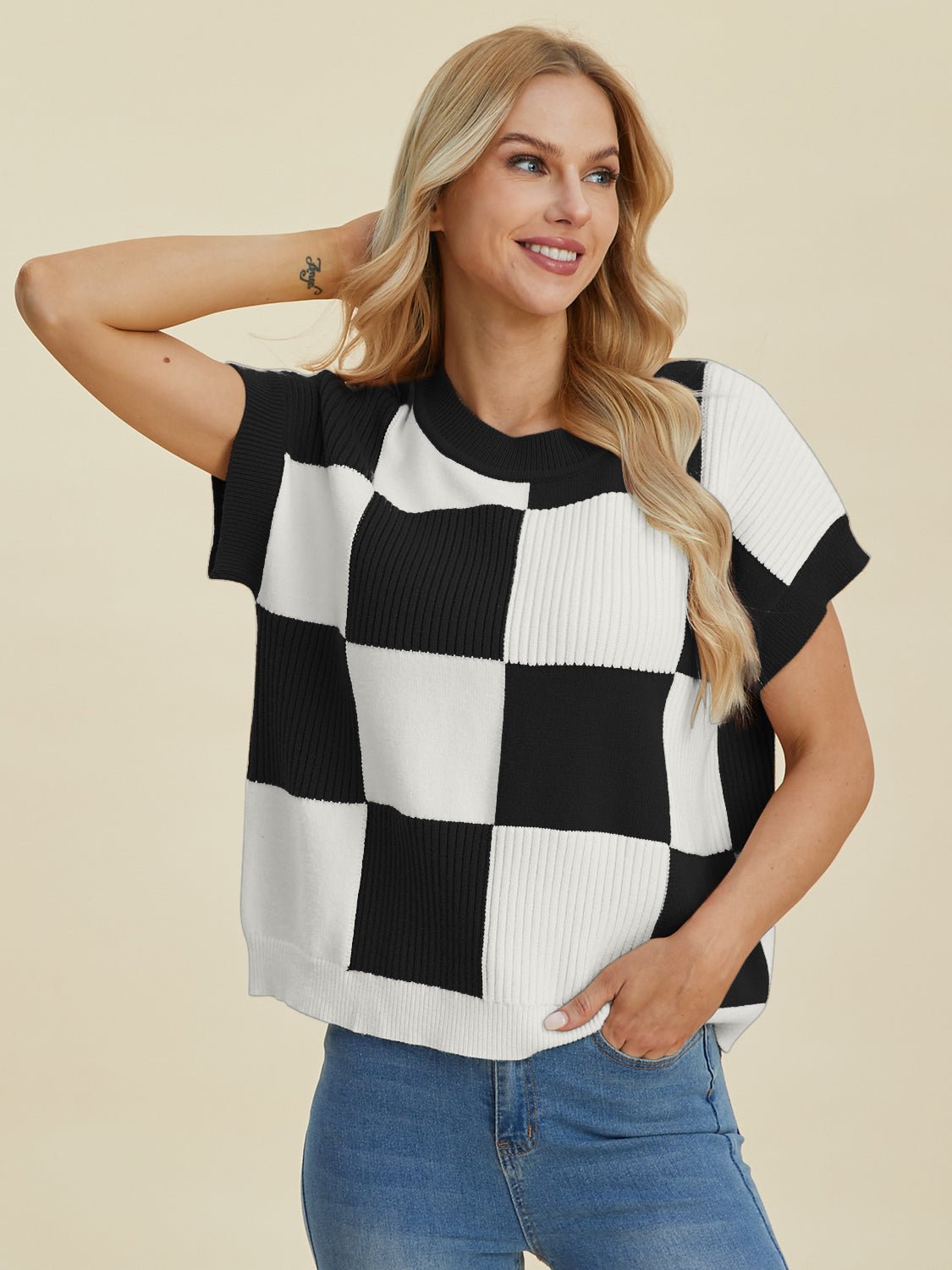 Double Take Full Size Checkered Round Neck Short Sleeve Sweater - Loulou Boutique