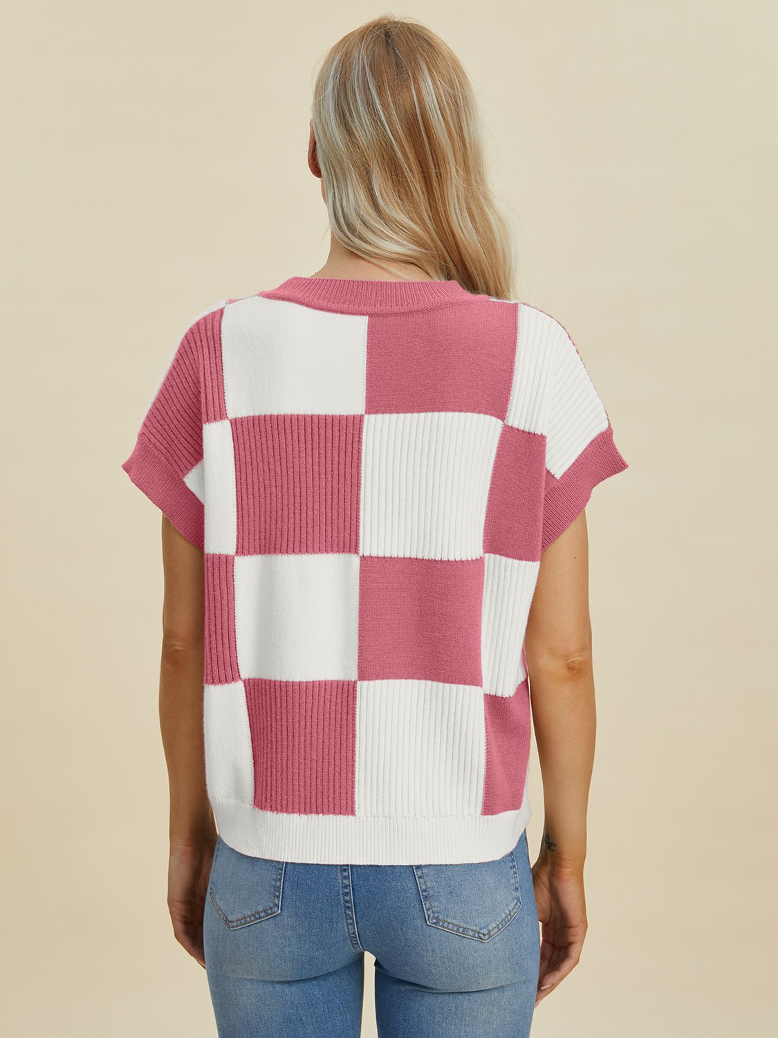 Double Take Full Size Checkered Round Neck Short Sleeve Sweater - Loulou Boutique