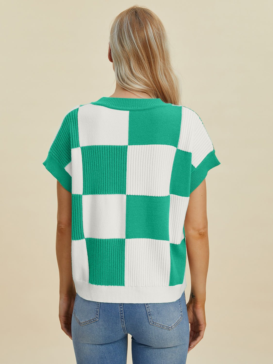 Double Take Full Size Checkered Round Neck Short Sleeve Sweater - Loulou Boutique