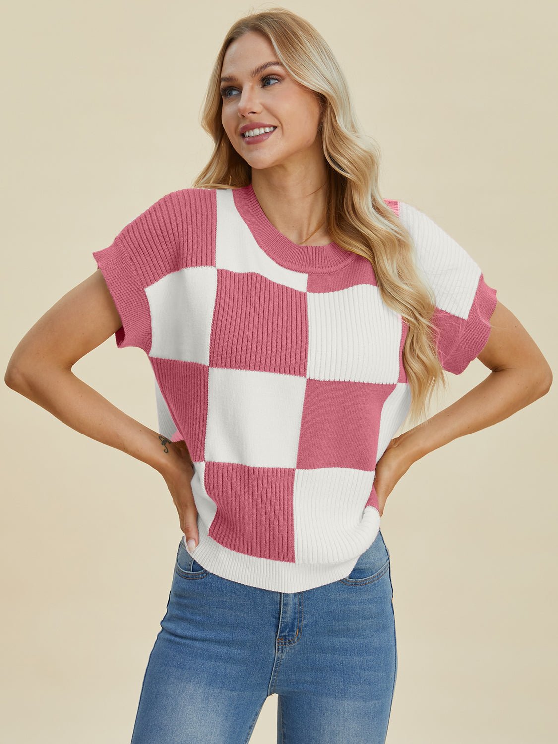 Double Take Full Size Checkered Round Neck Short Sleeve Sweater - Loulou Boutique