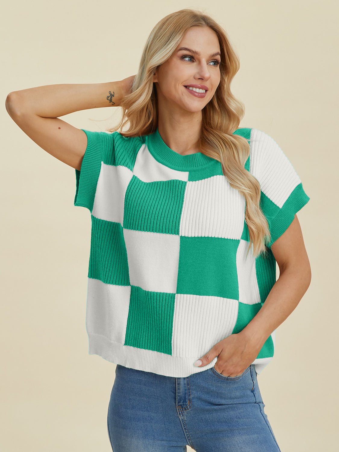 Double Take Full Size Checkered Round Neck Short Sleeve Sweater - Loulou Boutique