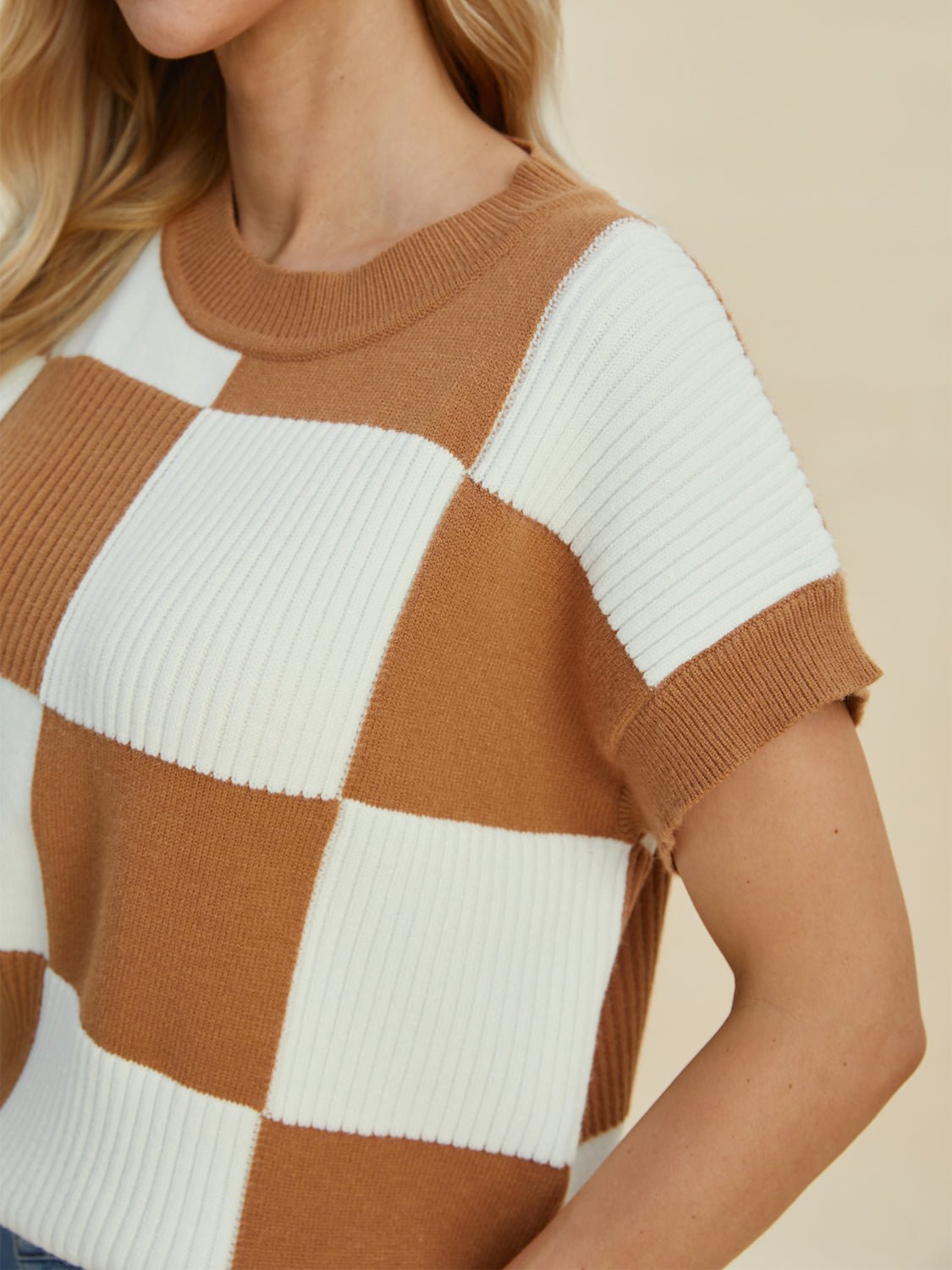 Double Take Full Size Checkered Round Neck Short Sleeve Sweater - Loulou Boutique